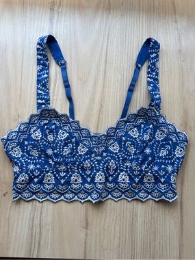 Free People Blue and White Embroidered Crop Bralette
